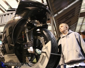 Buell 1125R factory race kit: An onlooker checks out a new Buell 1125R with factory race kit