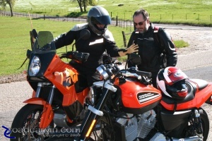 Drawing attention at every stop: The XR1200 won't let you travel incognito.  This KTM rider blew past, did a double take, then came back to ask questions about the Sportster.