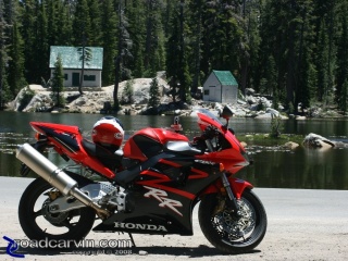 CBR954RR and Mosquito Lake Cabins: Two rustic cabins on Mosquito Lake make a nice backdrop for bike photos.