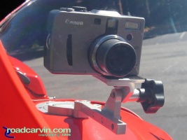 SportBikeCam Front Camera Mount - Canon G1 Front: Front view of SportBikeCam mount with Canon G1 Camera.