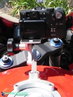 SportBikeCam Front Camera Mount - Canon G1 Rear: Rear view of Canon G1 camera mounted on a SportBikeCam mount with the riser kit.