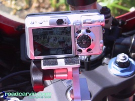 Canon S80 Mounted on SportBikeCam Mount: Canon S80 digital camera mounted to a SportBikeCam mount with optional camera riser kit.