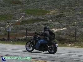Harley-Davidson Street Bob on Highway 1: Rider on a Harley-Davidson Street Bob on Highway 1 just south of Bixby Bridge.