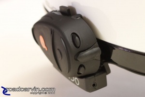 Cardo Scala Rider Q2 Rear View: Showing volume up/down, power jack, and MP3 player input port
