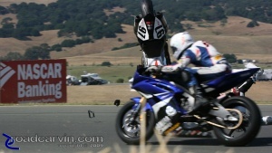 A scary moment for Ricky Parker as he tries to avoid Ben Thompson's Aprilia RSV100R.
