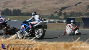 On the ground... now the trick is to avoid being hit by the oncoming riders.